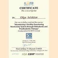Селектор Ольга Николаевна | Сертификат Поддержание функционирования мышечной системы и здоровья височно-нижнечелюстного сустава через ортодонтическую терапию и рациональное протезирование | 17-18 марта 2012г.